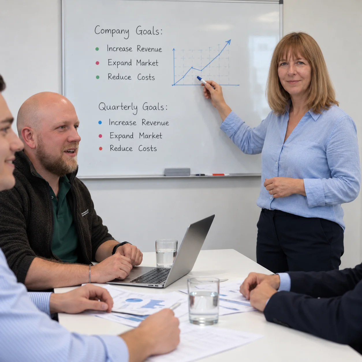 Steffi und das Team der Vertriebsagentur VertriebsPaten bei der Planung am Whiteboard – KI-bearbeitete Szene